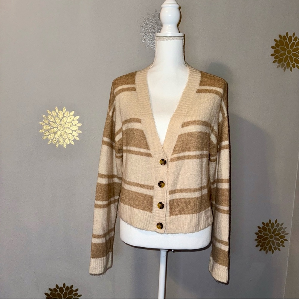 Billabong Women’s‎ XS Stripe Cream Tan Brown Cardigan Button Chic Casual Sweater